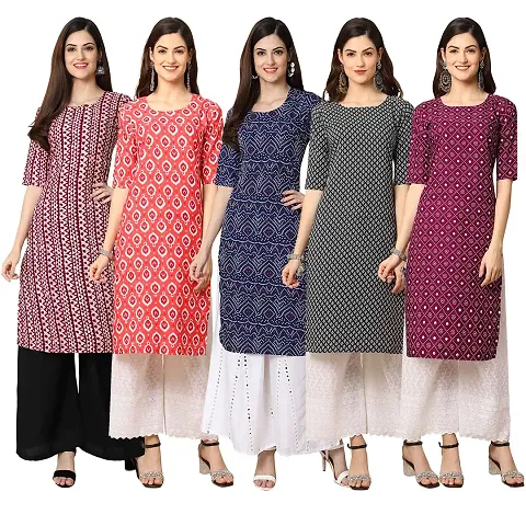 Stylish Fancy Crepe Digital Straight Kurti Combo For Women Pack Of 5