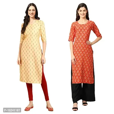 Stylish Straight Multicoloured Printed Crepe Kurta For Women Combo Pack Of 2