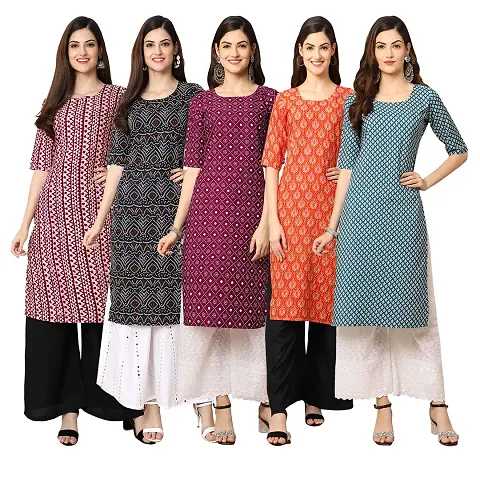 Stylish Fancy Crepe Digital Straight Kurti Combo For Women Pack Of 5