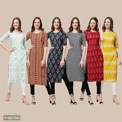 Women Crepe Digital Printed Straight Kurti  Pack of 6