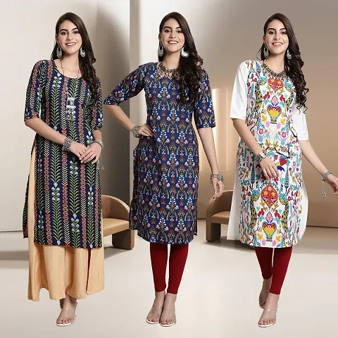 Fancy Multicoloured A-Line Crepe Kurtis - Pack Of 3