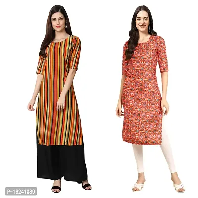 Stylish Straight Multicoloured Printed Crepe Kurta For Women Combo Pack Of 2