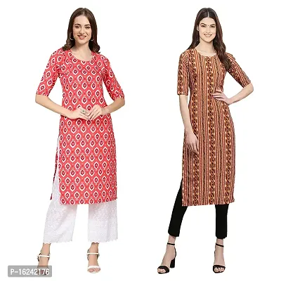 Stylish Straight Multicoloured Printed Crepe Kurta For Women Combo Pack Of 2