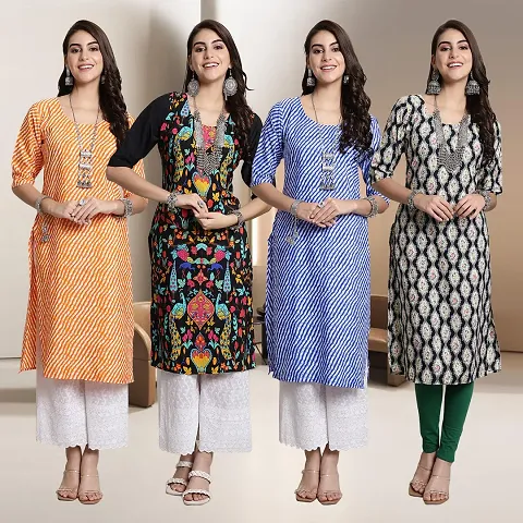 Fancy Multicoloured A-Line Crepe Kurti - Pack of 4