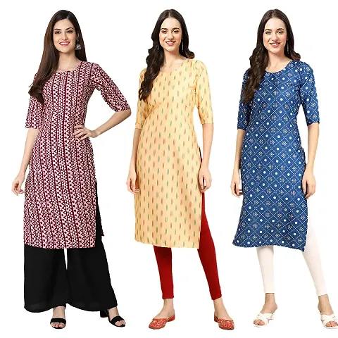 Women Crepe Digital Straight Kurti Pack of 3