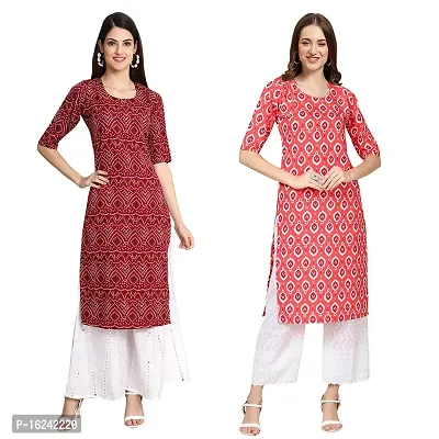 Stylish Straight Multicoloured Printed Crepe Kurta For Women Combo Pack Of 2-thumb0