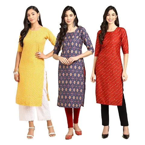 Women Crepe Digital Straight Kurti Pack of 3