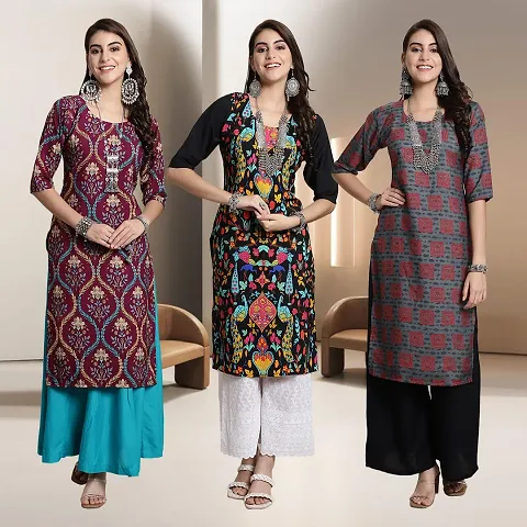 Fancy Crepe Multicoloured A-Line Kurti - Pack Of 3