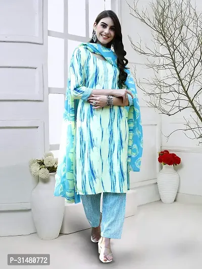 Stylish Cotton Blend Printed Kurta With Pant And Dupatta Set For Women-thumb0