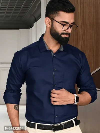 Reliable Navy Blue Cotton Solid Long Sleeve Formal Shirts For Men-thumb0