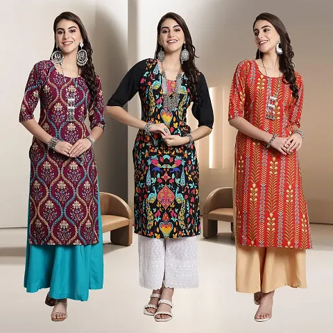 Fancy Crepe Multicoloured A-Line Kurti - Pack Of 3