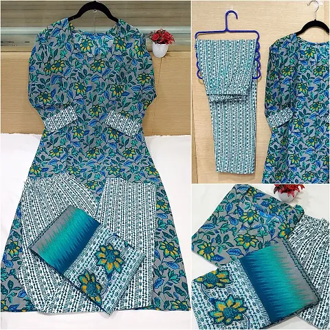 Stylish Cotton Blend Printed Straight Kurtis Bottom and Dupatta Set