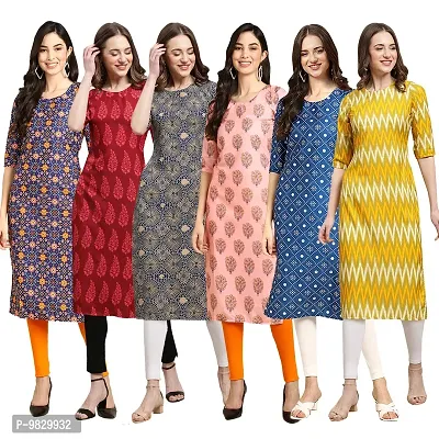 Women Crepe Digital Printed Straight Kurti  Pack of 6