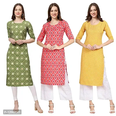 Women Crepe Digital Printed Straight Kurti  Pack of 3