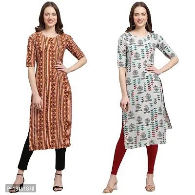 Stylish Straight Multicoloured Printed Crepe Kurta For Women Combo Pack Of 2