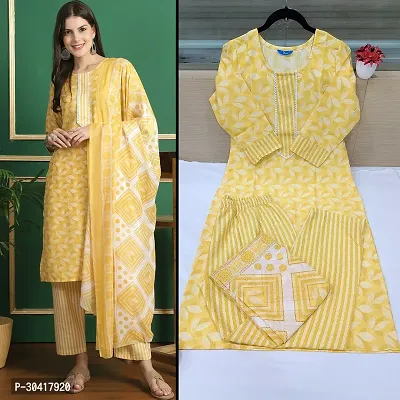 Beautiful Cotton Printed Kurta Pant And Dupatta Set For Women