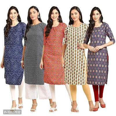 Attractive Straight Multicoloured Printed Crepe Kurta Combo For Women Pack Of 5