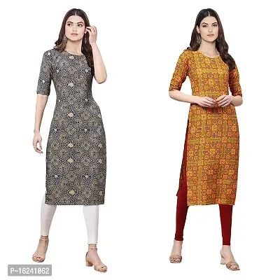 Stylish Straight Multicoloured Printed Crepe Kurta For Women Combo Pack Of 2