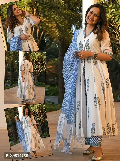 Stylish White Viscose Rayon Printed Kurta Bottom and Dupatta Set For Women-thumb0