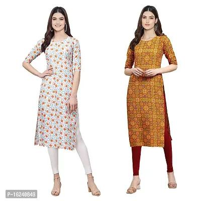 Stylish Straight Multicoloured Printed Crepe Kurta For Women Combo Pack Of 2