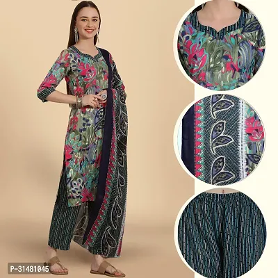 Stylish Multicoloured Cotton Blend Printed Kurta, Bottom and Dupatta Set For Women-thumb0