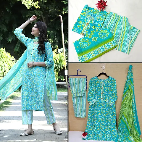 Stylish Cotton Printed Kurta Bottom Dupatta Set