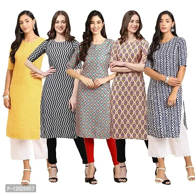 Women Crepe Digital Printed Straight Kurti { Pack of 5 }-thumb0