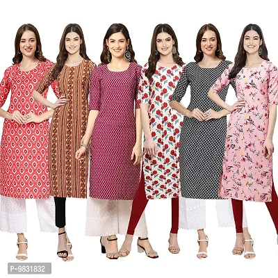 Women Crepe Digital Printed Straight Kurti  Pack of 6