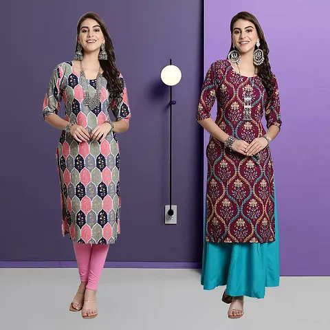 Stylish Crepe A-Line Printed Kurti - Pack of 2