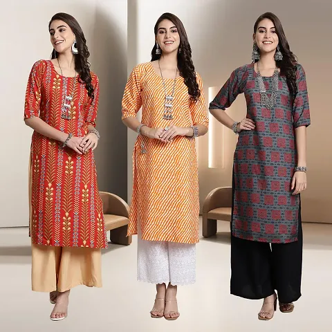 Fancy Multicoloured A-Line Rayon Kurtis - Pack Of 3