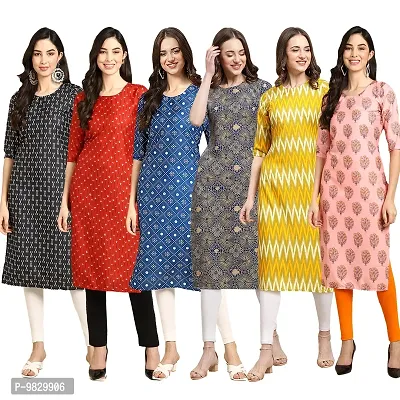 Women Crepe Digital Printed Straight Kurti  Pack of 6