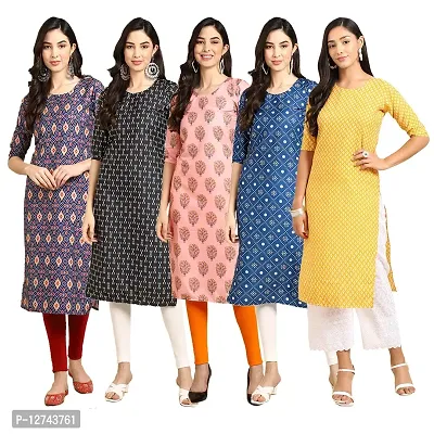 Stylish Crepe Digital Printed Straight Kurti For Women Pack of 5-thumb0