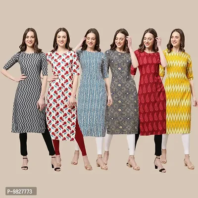 Women Crepe Digital Printed Straight Kurti  Pack of 6