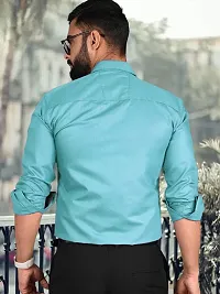 Men Stylish Blue Cotton Solid Long Sleeve Semi Formal Shirt-thumb3