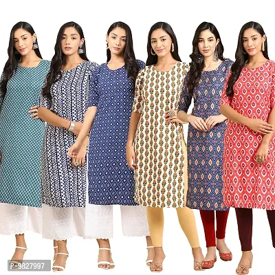 Women Crepe Digital Printed Straight Kurti  Pack of 6-thumb0