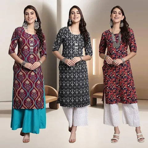 Fancy Crepe Multicoloured A-Line Kurtis - Pack Of 3