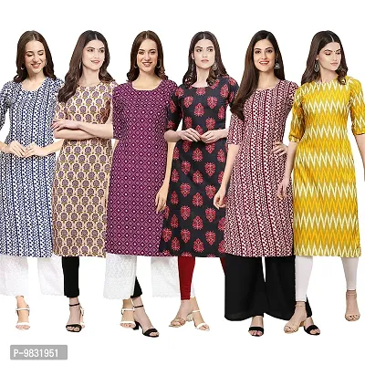 Women Crepe Digital Printed Straight Kurti  Pack of 6