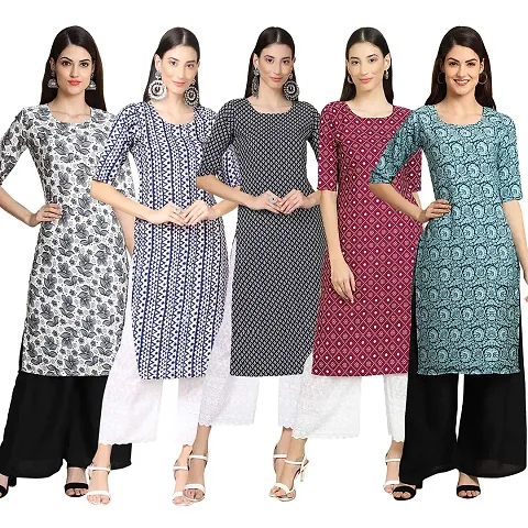 Stylish Fancy Crepe Digital Straight Kurti Combo For Women Pack Of 5