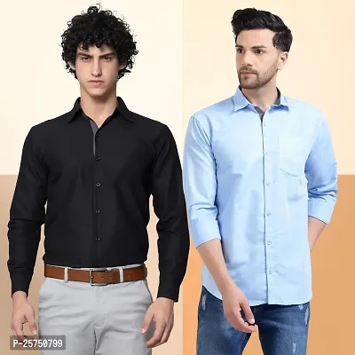 Stylish Cotton Multicoloured Solid Long Sleeves Fornal Shirt For Men Pack Of 2-thumb0