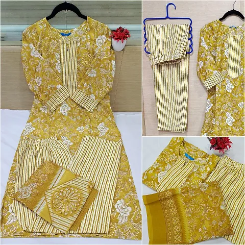 Stylish Cotton Blend Printed Kurta Bottom Dupatta Set