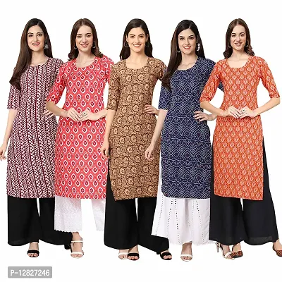 Attractive Straight Multicoloured Printed Crepe Kurta Combo For Women Pack Of 5