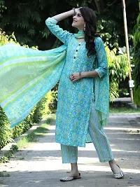 Stylish Blue Cotton Printed Kurta Bottom and Dupatta Set For Women-thumb2