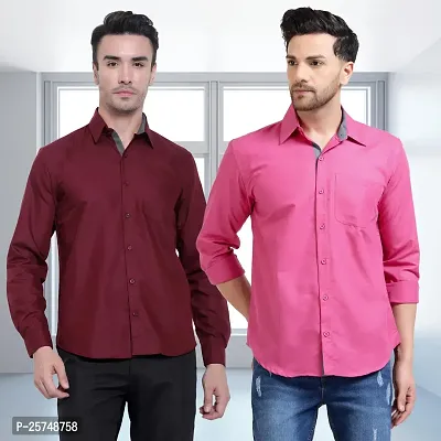 Stylish Cotton Multicoloured Solid Long Sleeves Fornal Shirt For Men Pack Of 2