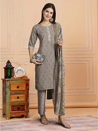 Stylish Grey Melange Cotton Blend Printed Kurta, Bottom and Dupatta Set For Women-thumb3