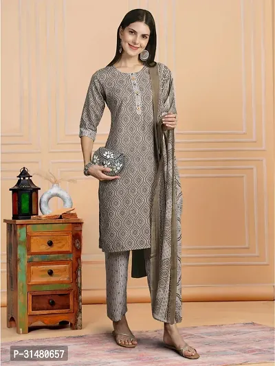 Stylish Grey Melange Cotton Blend Printed Kurta, Bottom and Dupatta Set For Women-thumb4