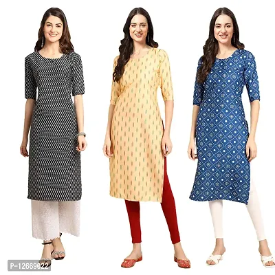 Women Crepe Digital Printed Straight Kurti  Pack of 3