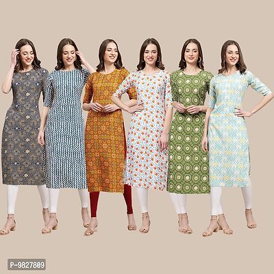 Women Crepe Digital Printed Straight Kurti  Pack of 6-thumb0