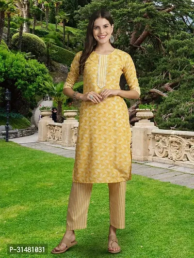 Stylish Yellow Cotton Blend Printed Kurta, Bottom and Dupatta Set For Women-thumb4