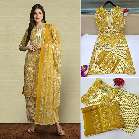 Stylish Cotton Printed Kurta Bottom Dupatta Set