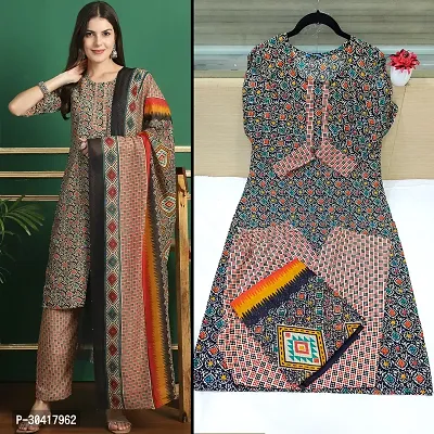 Beautiful Cotton Printed Kurta Pant And Dupatta Set For Women-thumb0